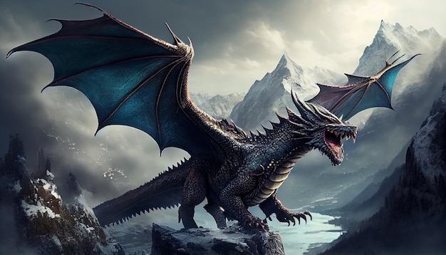 Dragon on a mountain with mountains in the background