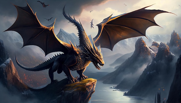 A dragon on a mountain with mountains in the background