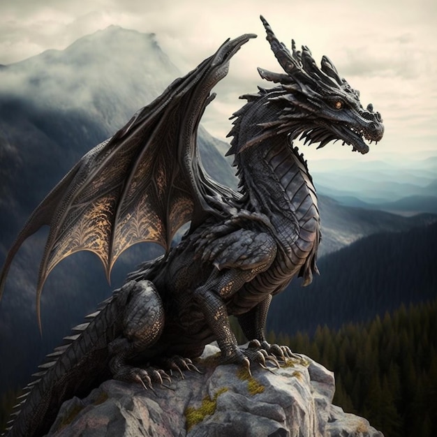 A dragon on a mountain with the word dragon on it