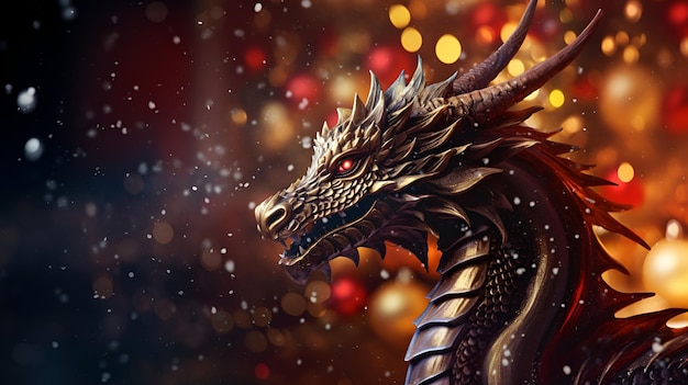 Dragon New Year greeting card template Happy Chinese new year 2024 banner with a Dragon head on a blurred bokeh background calendar poster design Festive Background illustration symbol of the year