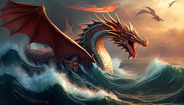 A dragon in the ocean with a sunset behind it