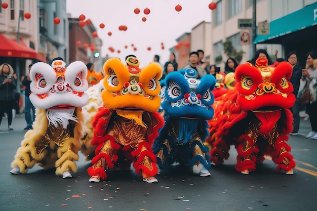 写真 ドラゴンやライオンのダンスショー バロンサイの祝祭 中国の新月の新年祭 アジアの伝統