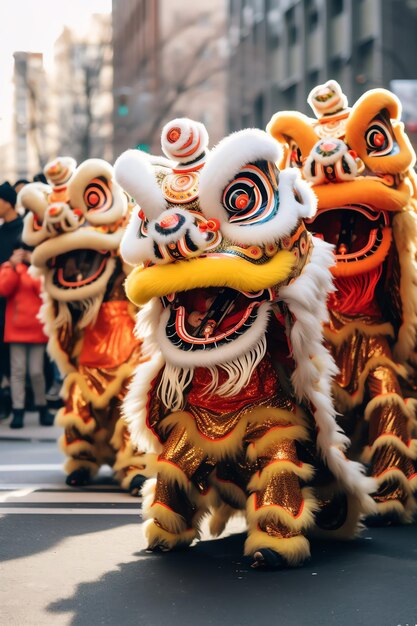 写真 ドラゴンやライオンのダンスショー バロンサイの祝祭 中国の新月の新年祭 アジアの伝統