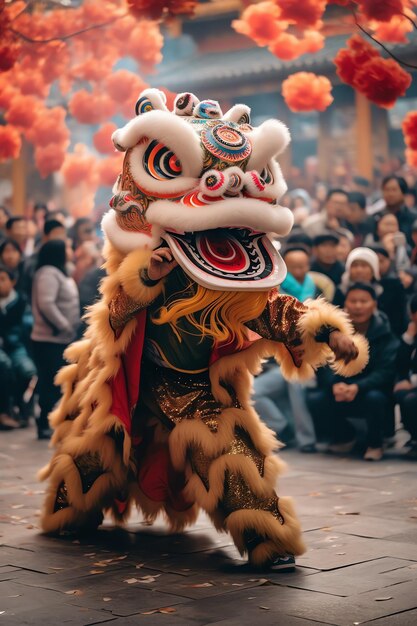 写真 ドラゴンやライオンのダンスショー バロンサイの祝祭 中国の新月の新年祭 アジアの伝統