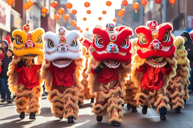 写真 ドラゴンやライオンのダンスショー バロンサイの祝祭 中国の新月の新年祭 アジアの伝統