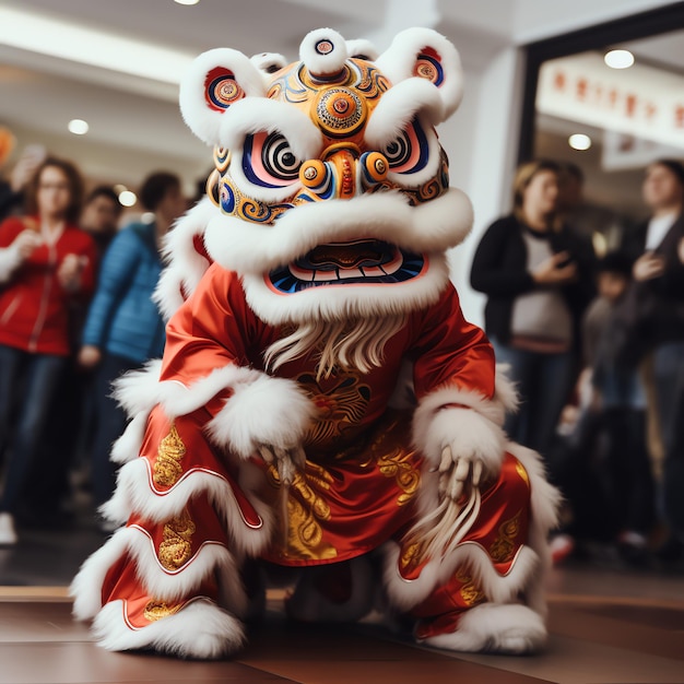 写真 アジアの伝統的な中国の旧正月を祝うドラゴンまたはライオンダンスショーバロンサイ