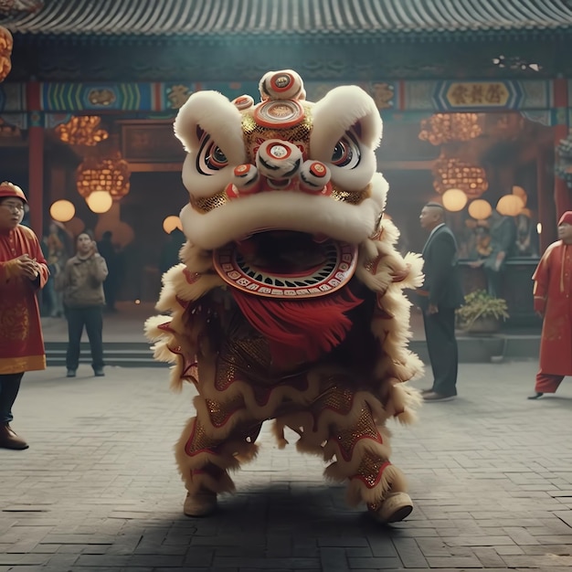Фото Танцевальное шоу дракона или льва баронгсай на праздновании китайского лунного нового года, традиционного азиатского фестиваля