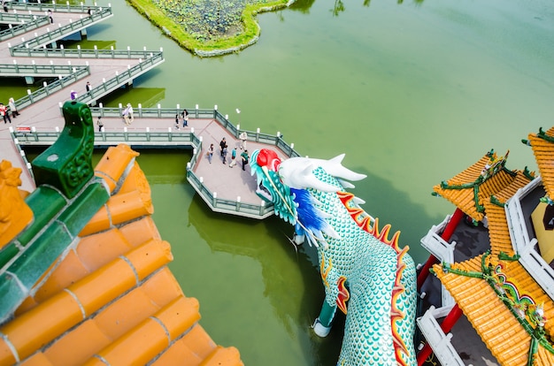 Foto entrata della pagoda del drago e stagno di loto verde dalla vista superiore