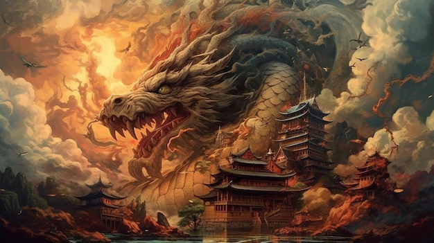 Dragon and pagodas in the sky