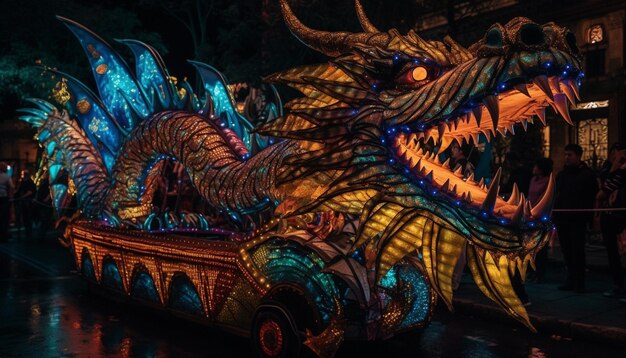 Dragon parade illuminates city with multi colored motion generated by AI