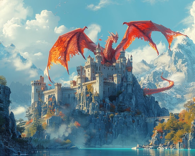 Photo dragon perched atop a castle