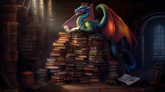 Dragon perched on book hoard in fantasy illustration charging through lair surrounded by anthro dragon art and dramatic spell books