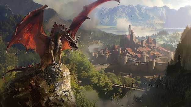 A dragon perches on a rocky crag its wings spread wide In the distance a castle stands on a hill overlooking a river