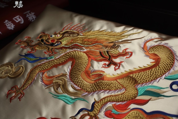 A dragon on a pillow with the word dragon on it