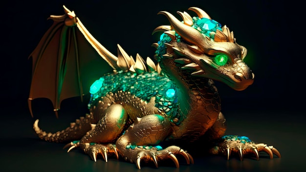 Dragon precious golden with emerald stones generative ai