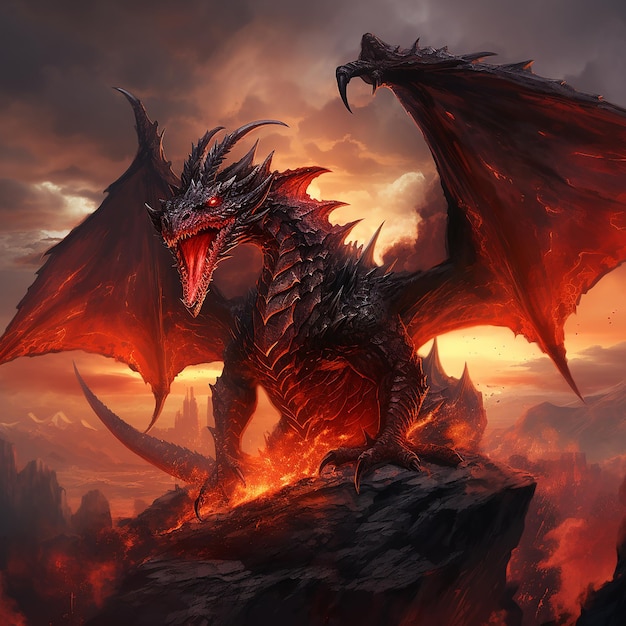 Dragon rising from the ashes covered in lava