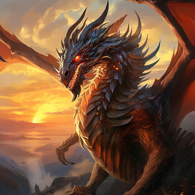 Dragon rising from the ashes covered in lava