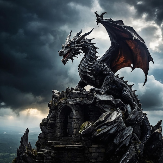 a dragon on a rock with a cloudy sky in the background