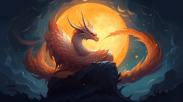 A dragon on a rock with a moon behind it