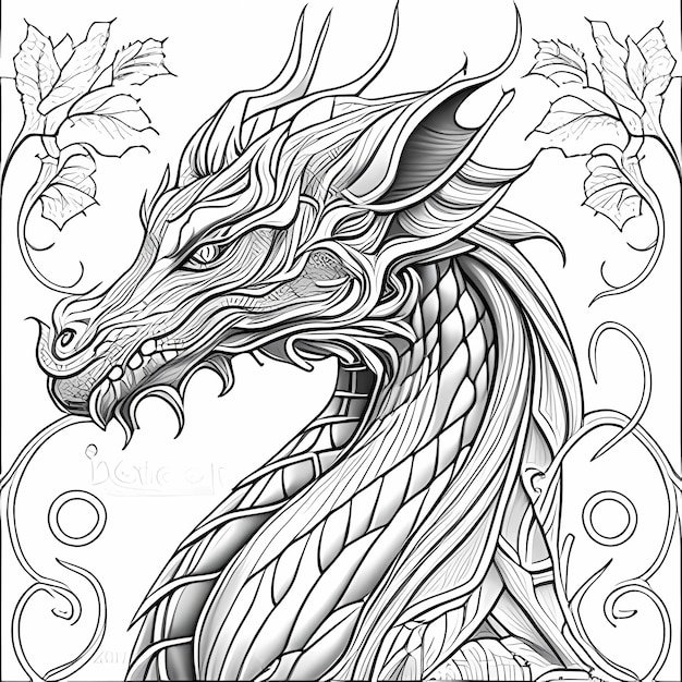 Photo dragon serenity coloring page for adults with vector line art