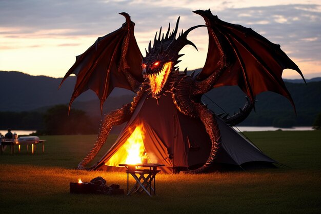 Photo dragon shaped fire pit illuminating campsite