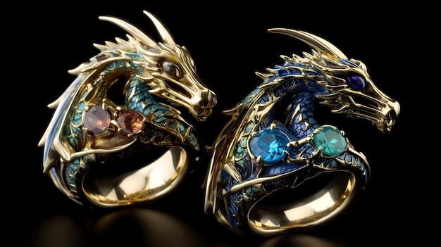 Dragon shaped rings for couple on the black background Jewelry design Generated AI