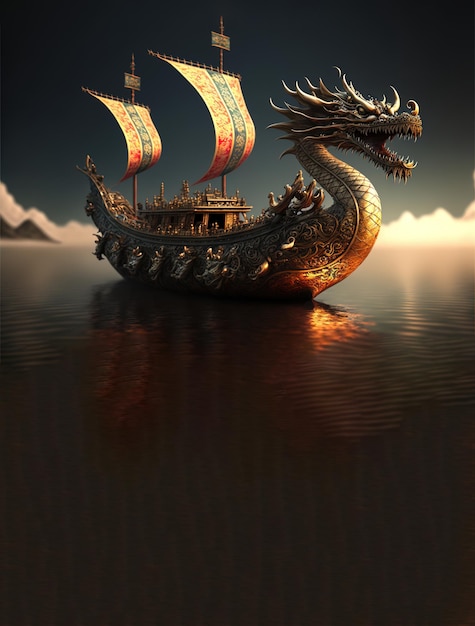 Dragon ship digital art illustration with copy space