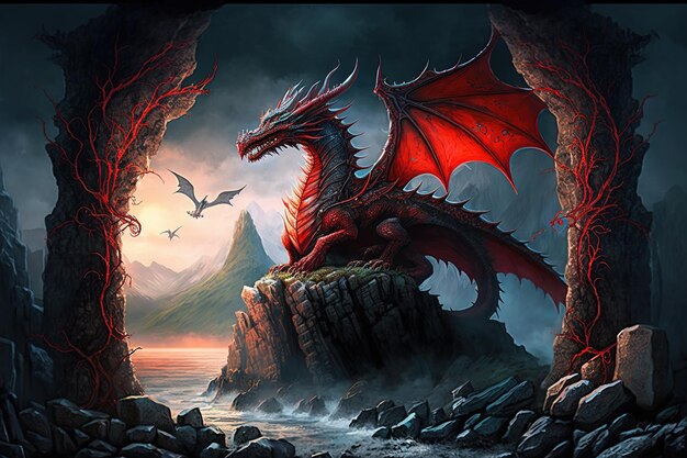 a dragon sits on a rock overlooking a river and mountains.