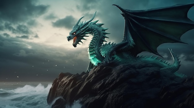 Dragon sits on a rock in the sea with its wings spread wide Fantastic colorful scene with monster