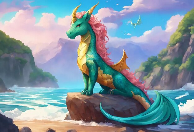 a dragon sits on a rock in the water