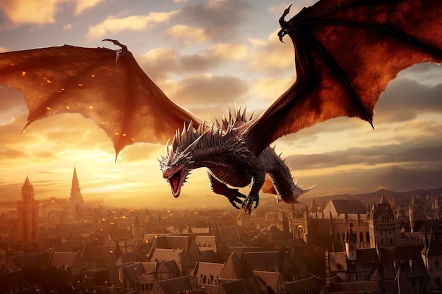 Dragon Soaring over Medieval Town