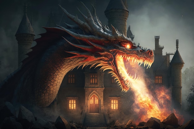 Dragon spitting fire in castle and medieval town AI