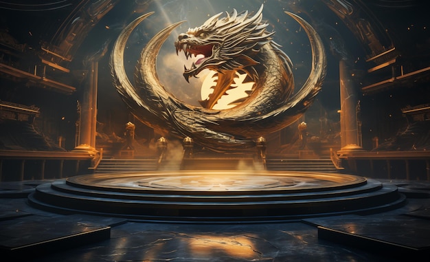 a dragon on a stage with a dragon on the back