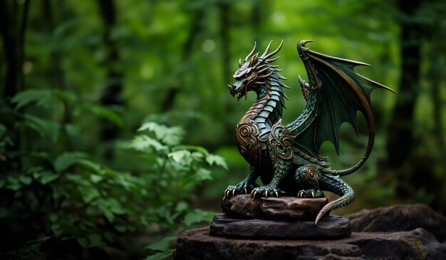 Dragon statue in the forest Selective focus and shallow depth of field AI generated
