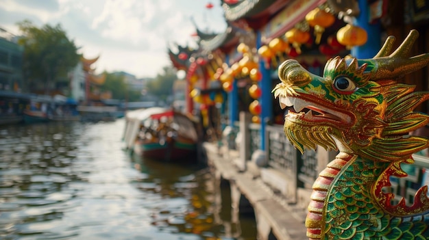 A dragon statue is on a pier next to a body of water