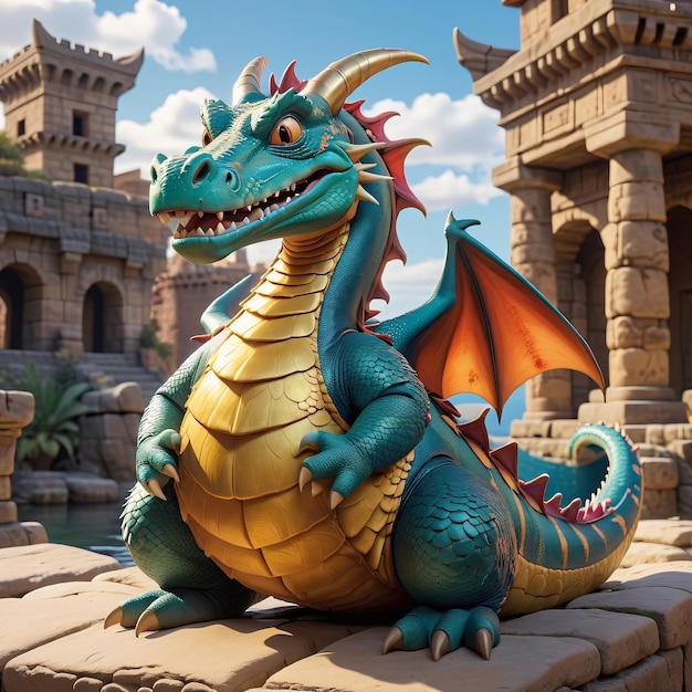 a dragon statue sitting on a rock in front of a castle