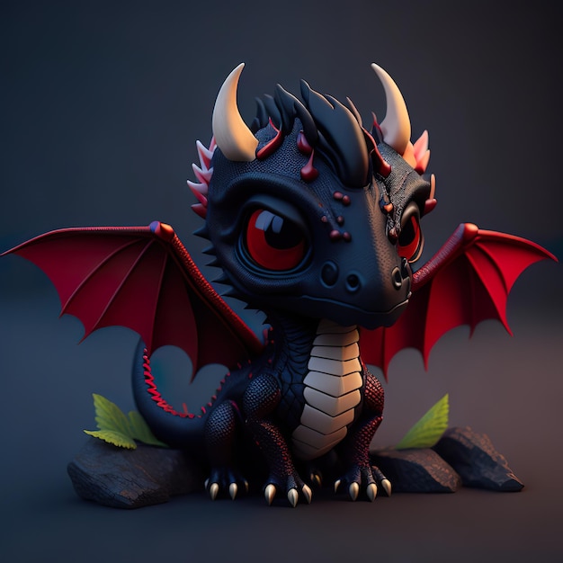 A dragon statue with red eyes and red horns sits on a rock.
