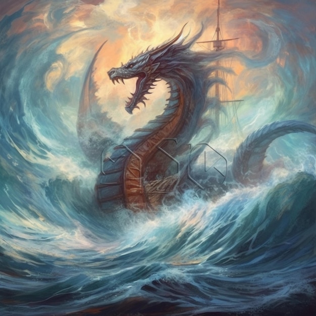 Photo a dragon in the storm with a ship in the background