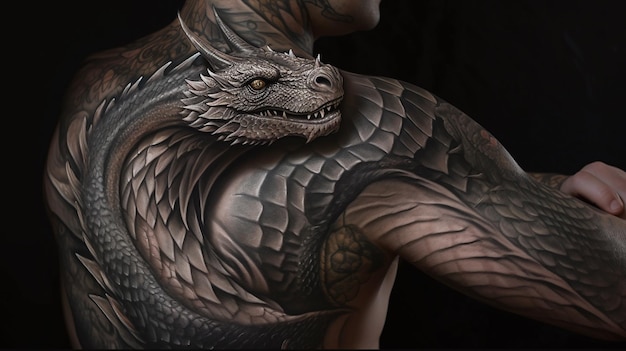 Dragon Tattooed Man 非常に詳細で複雑に詳細なフルボディアート 傷跡と本物そっくりのうろこ