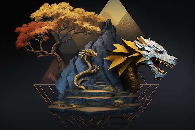 A dragon and a tree with a mountain in the background