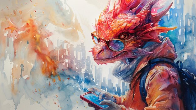 A dragon in trendy glasses playing on a phone with a vibrant watercolor cityscape in the background