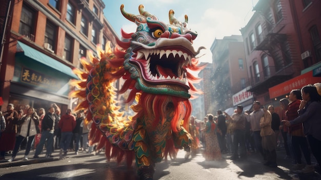 Dragon Walking Down Street in Front of Crowded Crowd Unique Moment Captured Chinese new year