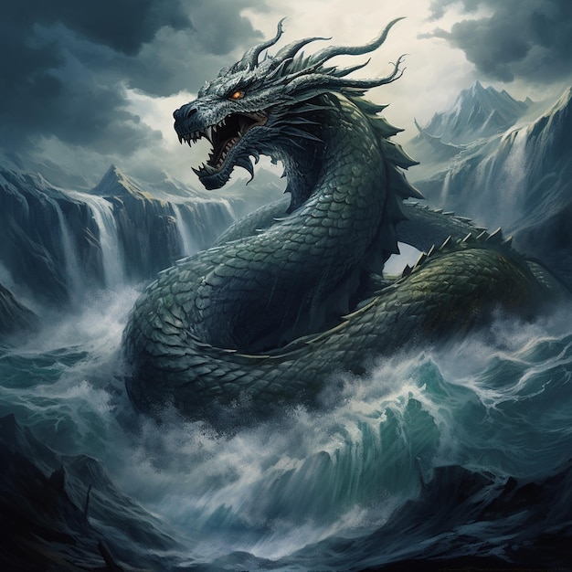 a dragon on a wave with the background of a waterfall.