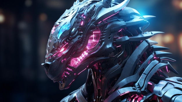 A Dragon Wearing Futuristic Cybernetic Battle Armour Dramatic Lighting Portrait Realistic Reflections Backlit