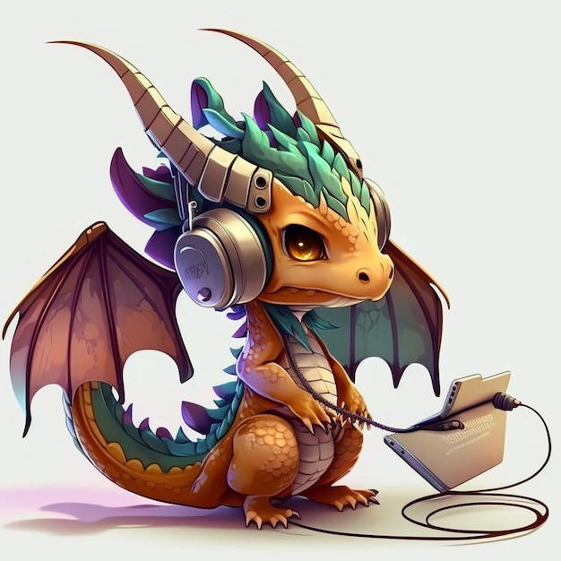 Dragon Wearing a Headphone Vector Illustration