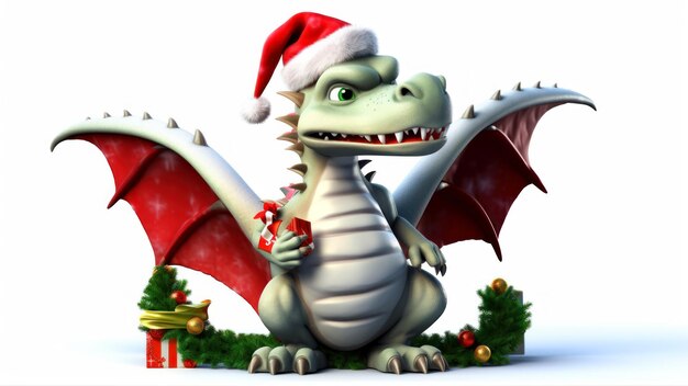 A dragon wearing a santa hat with a gift in it.