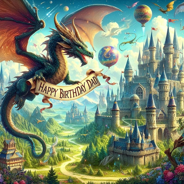 Photo a dragon with a banner that says happy birthday on it