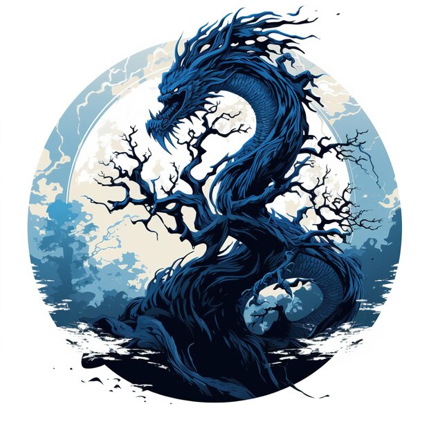 Photo a dragon with a blue background and a white moon in the background.