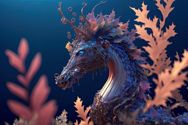 A dragon with a blue body and a blue body is surrounded by leaves.