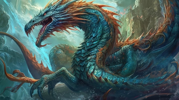 A dragon with a blue body and red and orange scales.